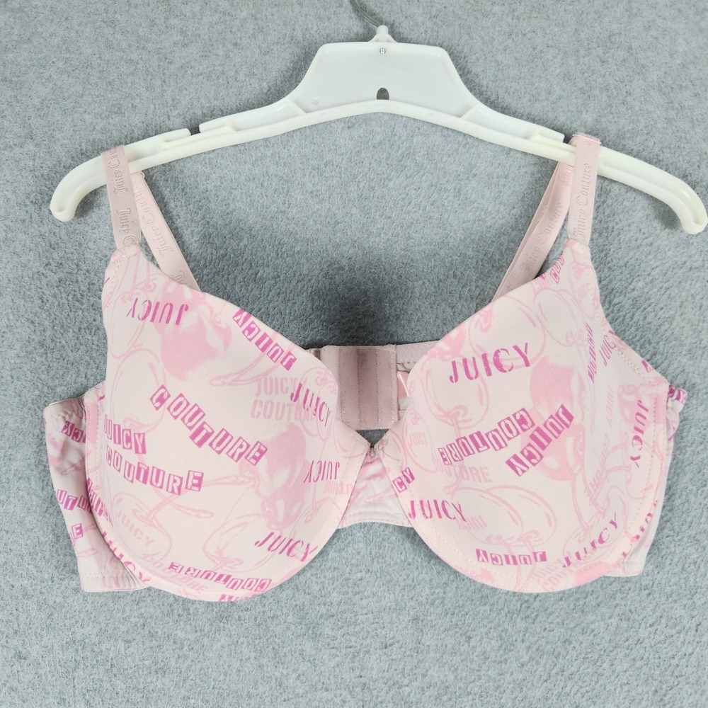 Juicy Couture Push Up Bra Womens 40D Pink All Over Logo Print Nylon Intimates